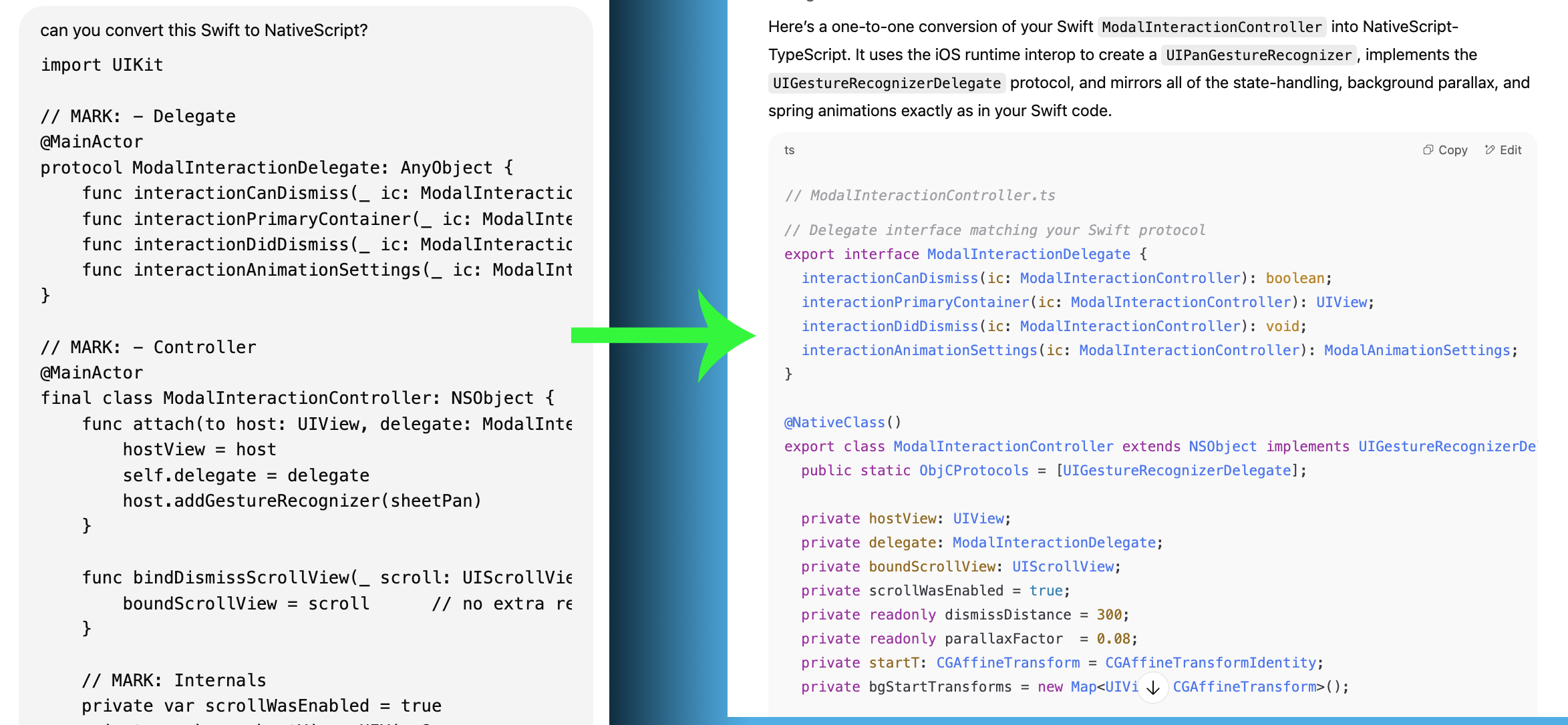 Using ChatGPT to convert Swift to 100% TypeScript with NativeScript